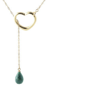 14K. SOLID GOLD HEART NECKLACE WITH DROP BRIOLETTE NATURAL EMERALD (Yellow Gold)